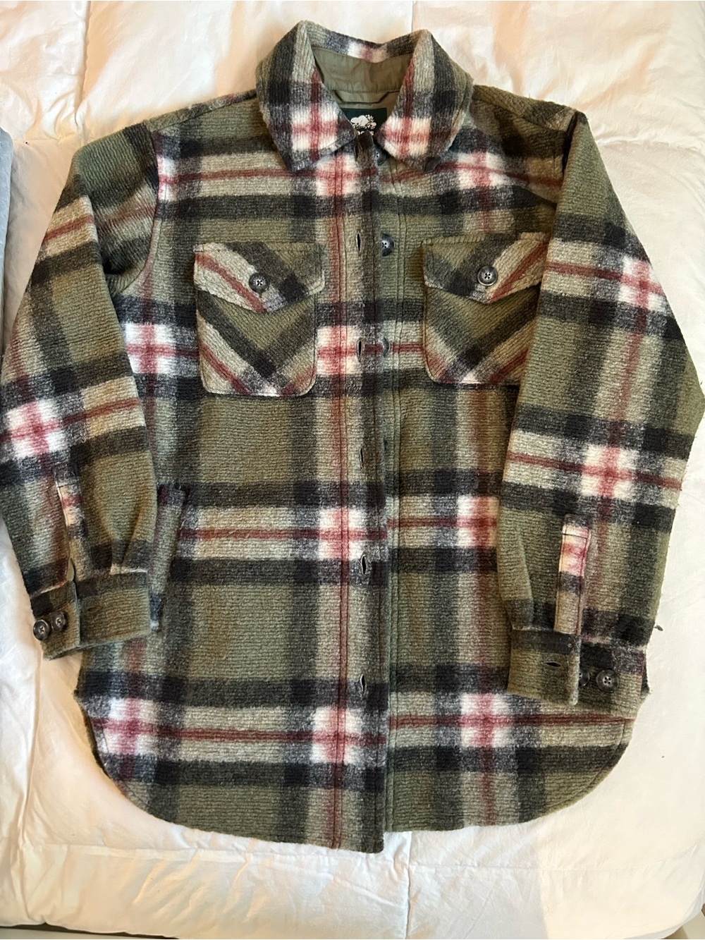 Roots Olive Plaid Button-Front Jacket with Cream & Red Accents